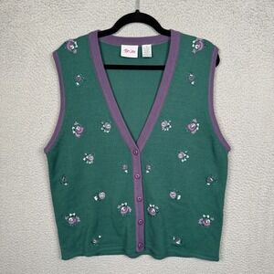VTG TanJay Sweater Vest Womens M Green Purple Floral Cottagecore Grannycore‎ 90s